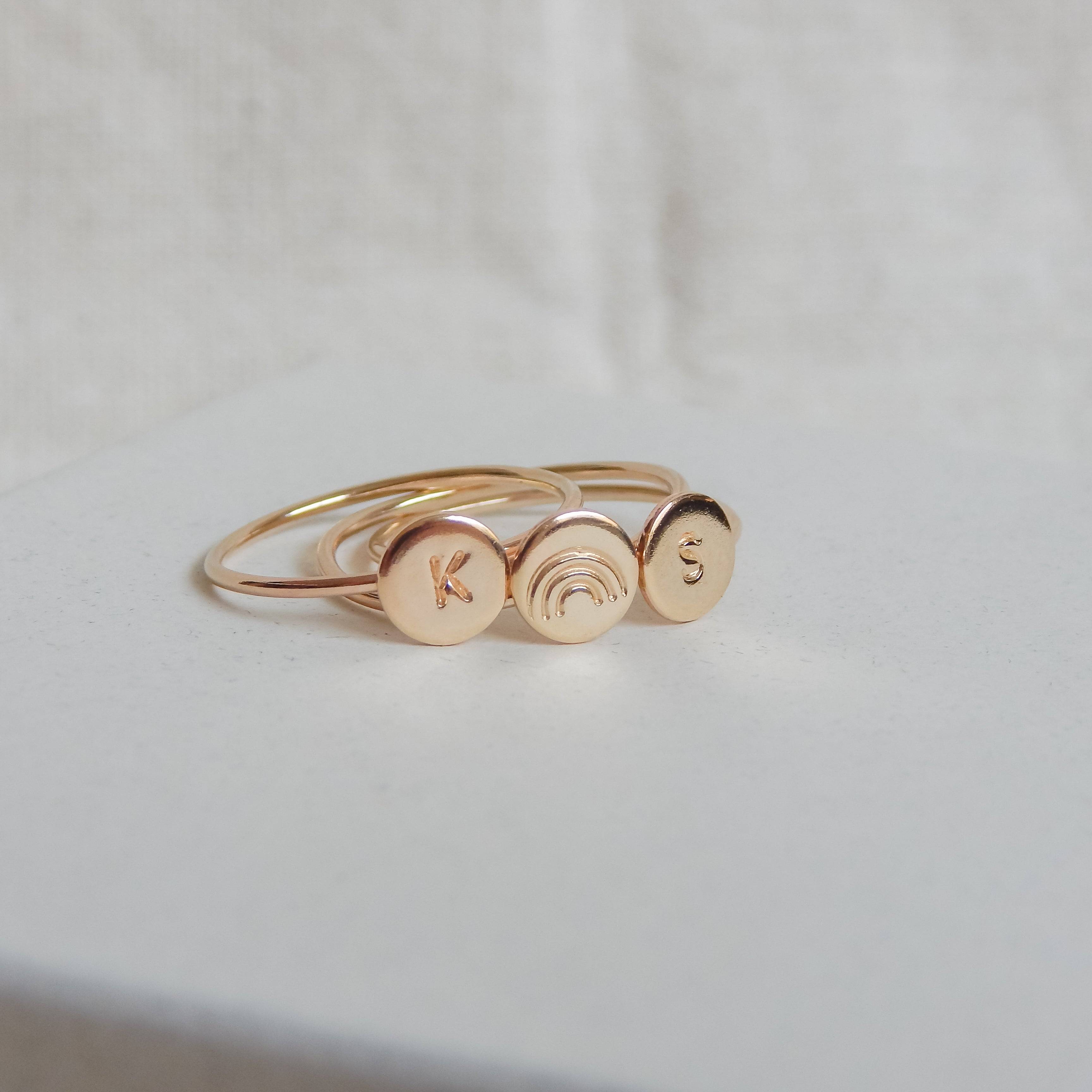 Personalized Dot Stacking Ring by Barberry & Lace Jewelry featuring hand-stamped initials and a rainbow design in 14k Gold Fill, hypoallergenic.