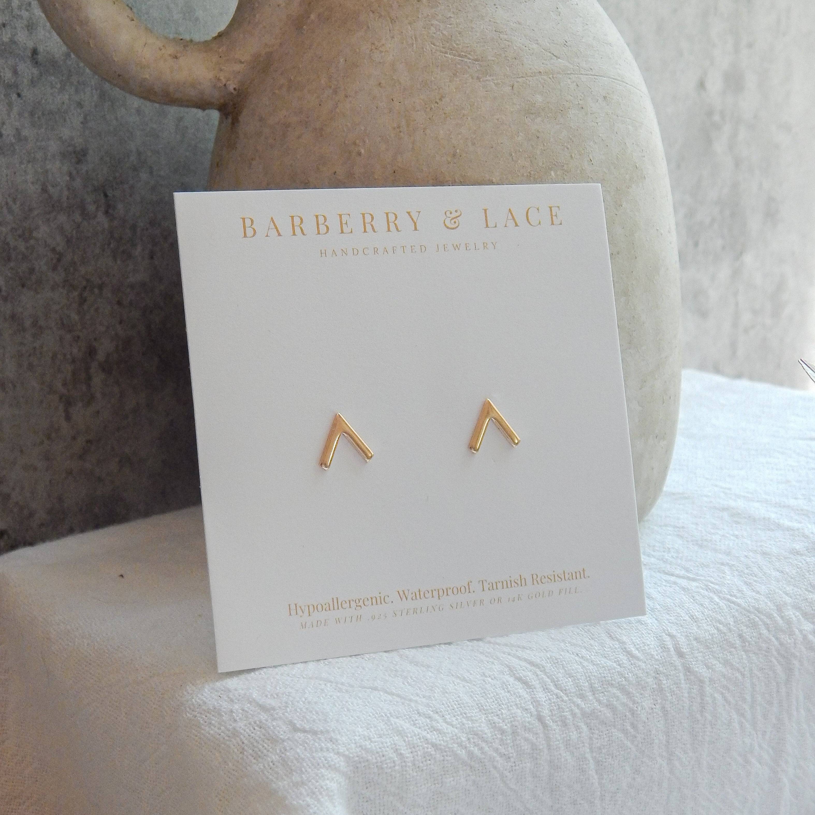 Chevron Stud Earrings displayed on Barberry & Lace branded card, hypoallergenic and waterproof, ideal for everyday wear.