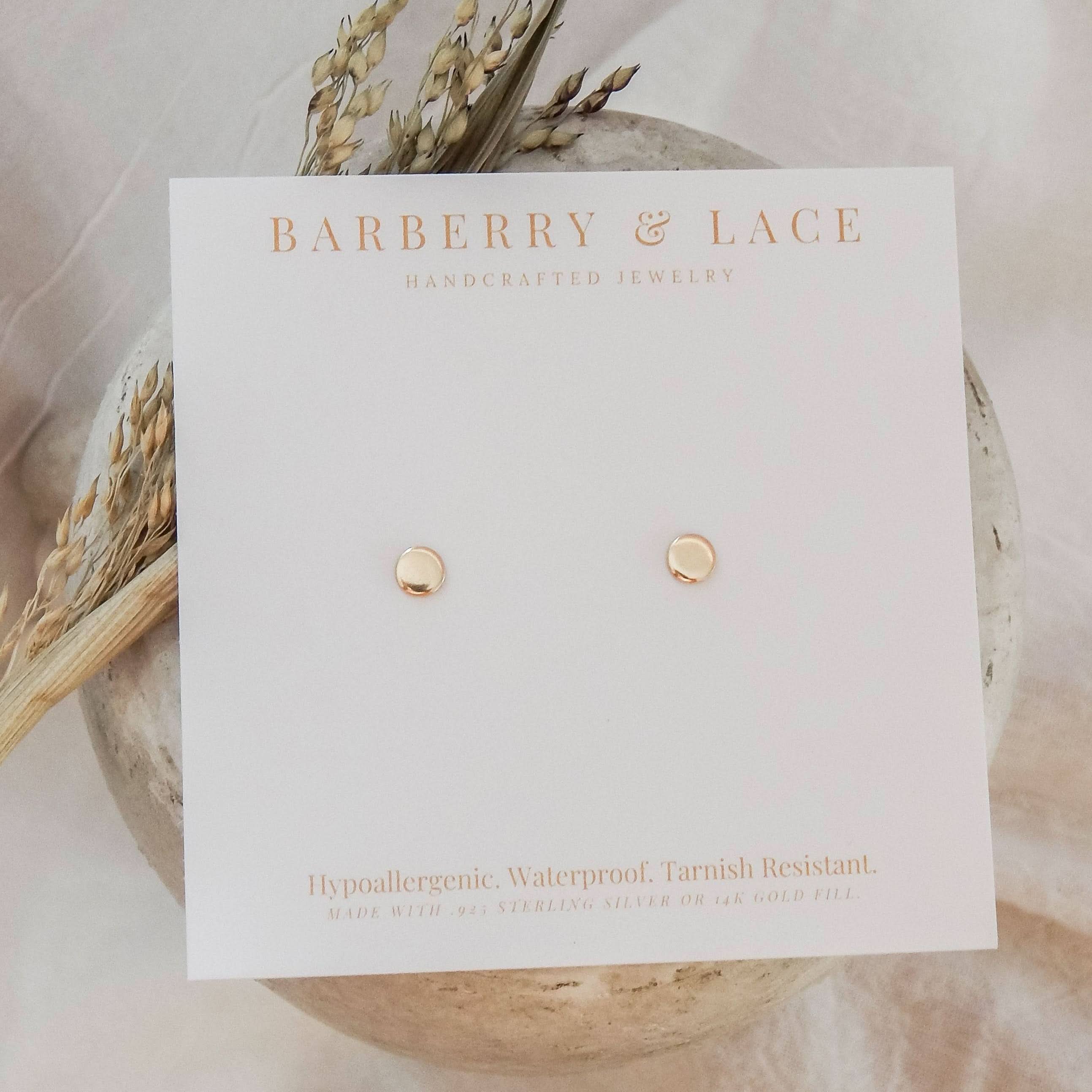 Tiny Dot Stud Earrings displayed on Barberry & Lace jewelry card, emphasizing handcrafted quality and waterproof design.