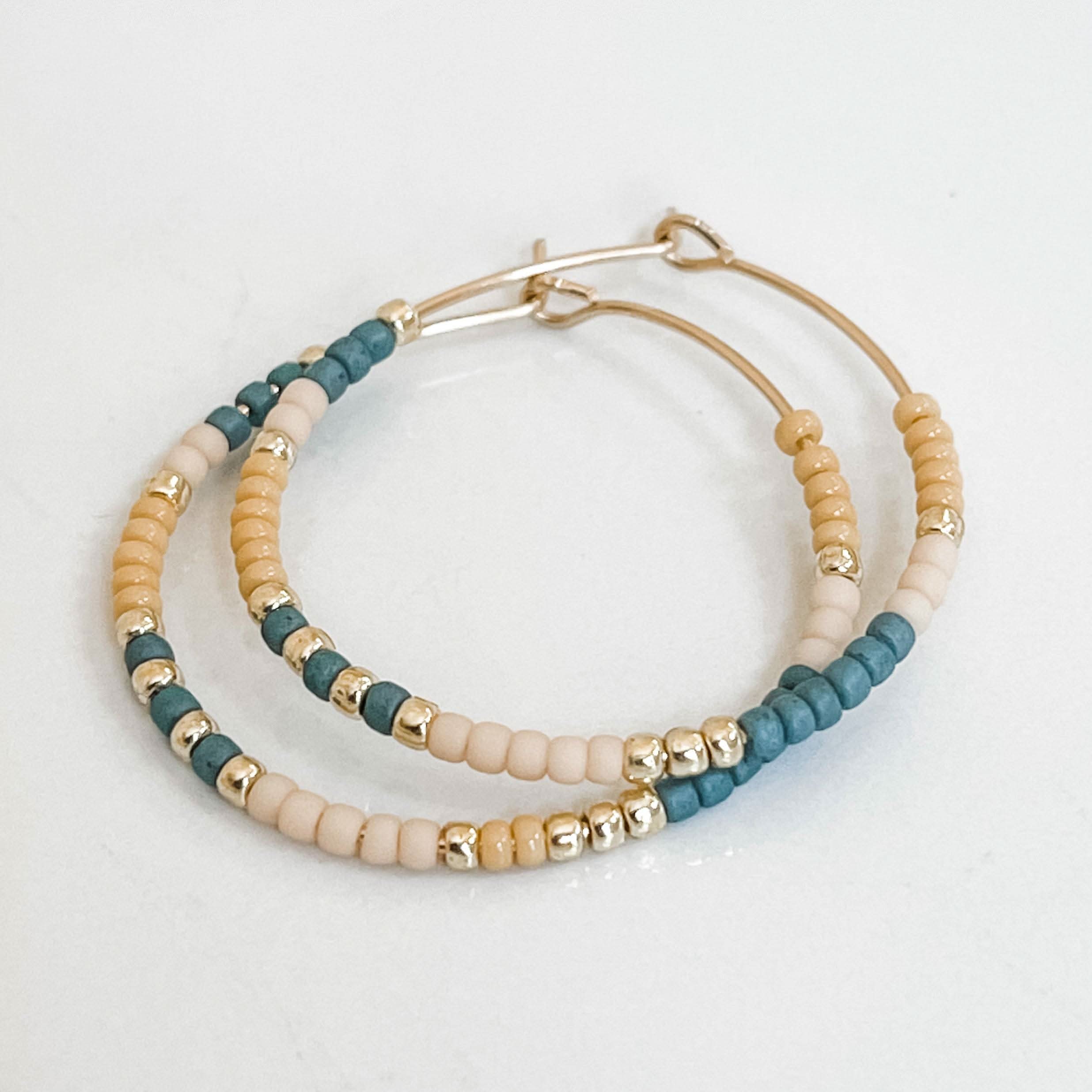 Sweater Weather Fall Edition - Beaded Hoop Earrings with teal, cream, and peach beads on gold hoops. Fall jewelry by Barberry & Lace Jewelry.