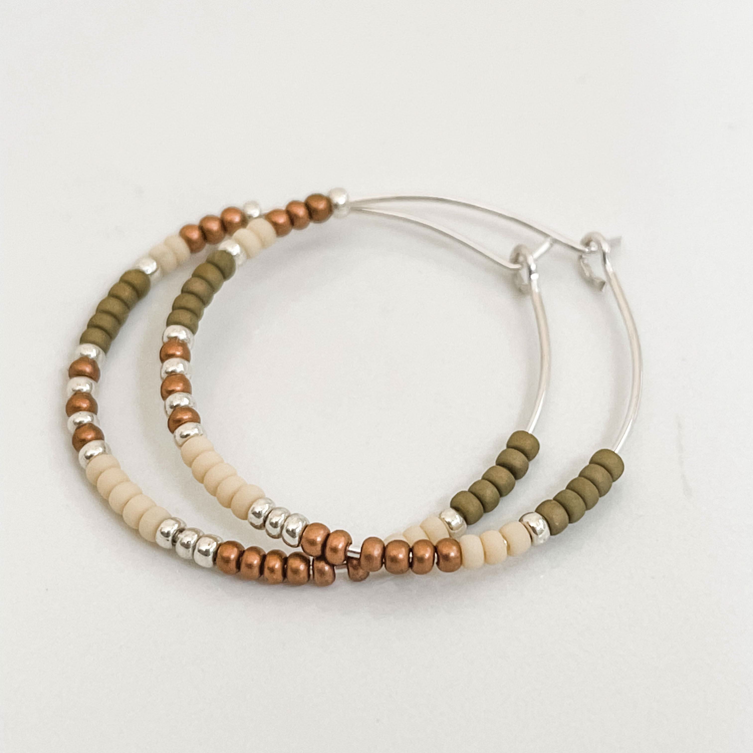 Wood & Pine Fall Edition - Beaded Hoop Earrings with olive, bronze, and cream beads on sterling silver hoops. Fall accessory by Barberry & Lace.