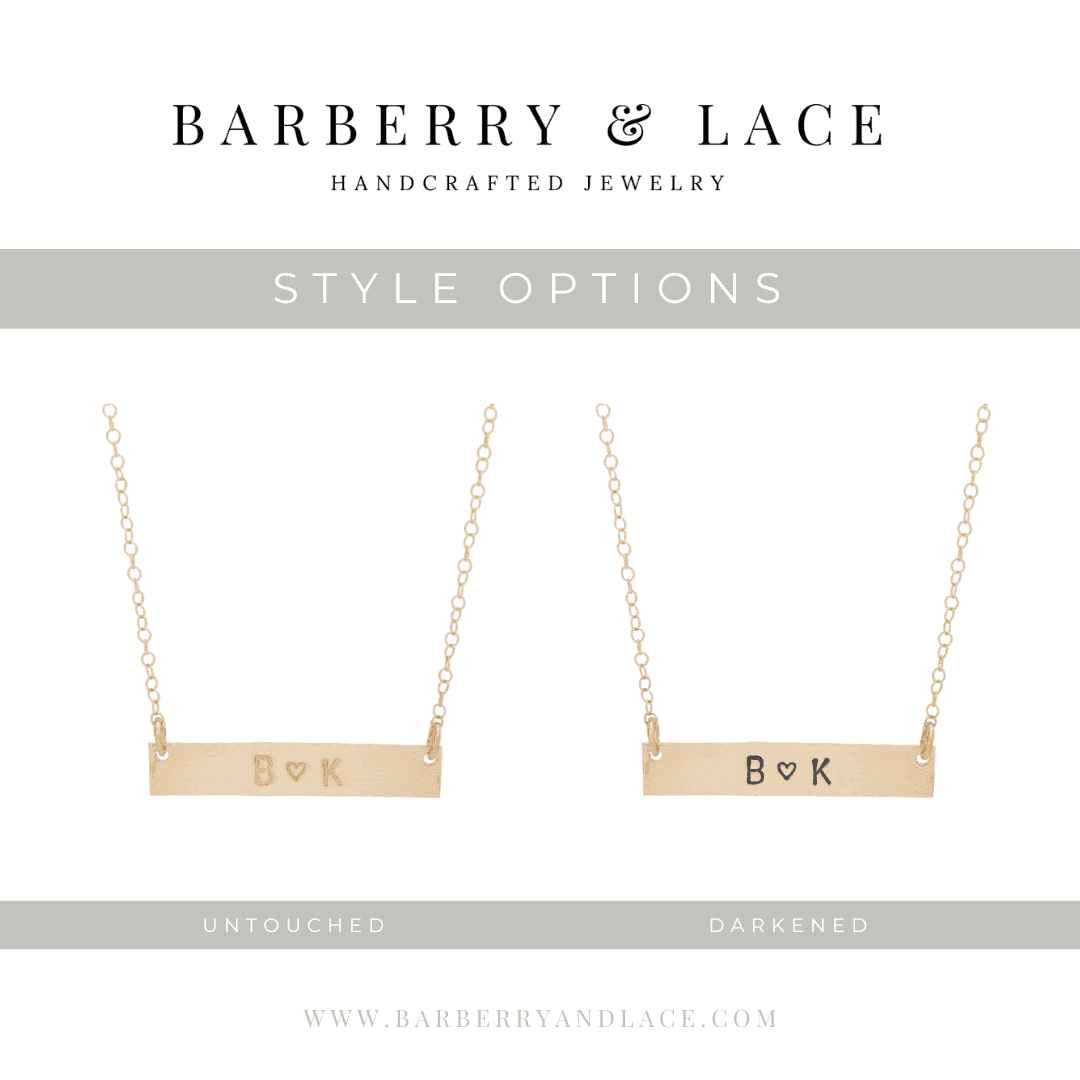 Hand Stamped Personalized Bar Ring by Barberry & Lace Jewelry showing style options of untouched and darkened engraving on gold bar.