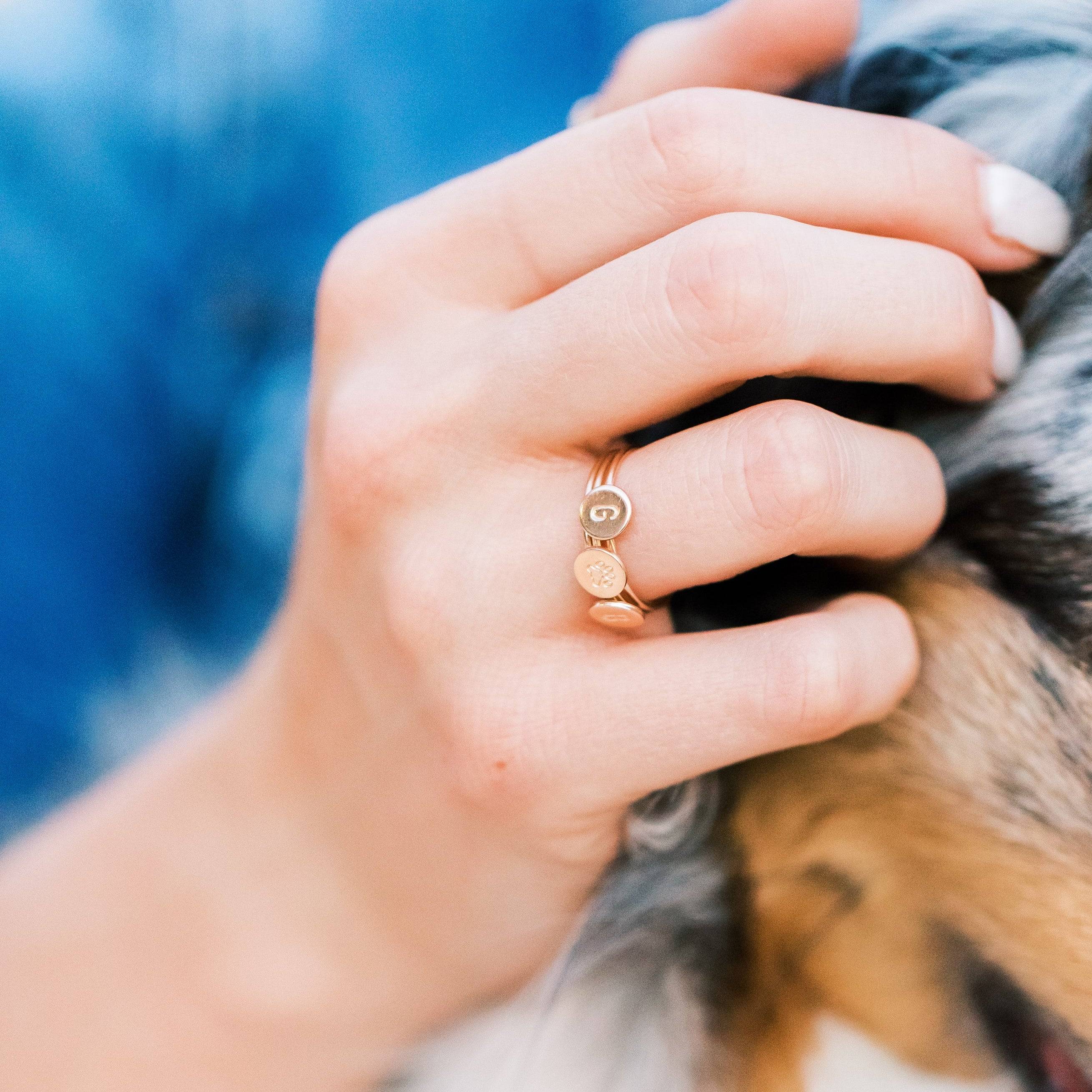Personalized Dot Stacking Ring by Barberry & Lace Jewelry featuring hand-stamped initials in 14k Gold Fill, worn on hand, hypoallergenic and waterproof.