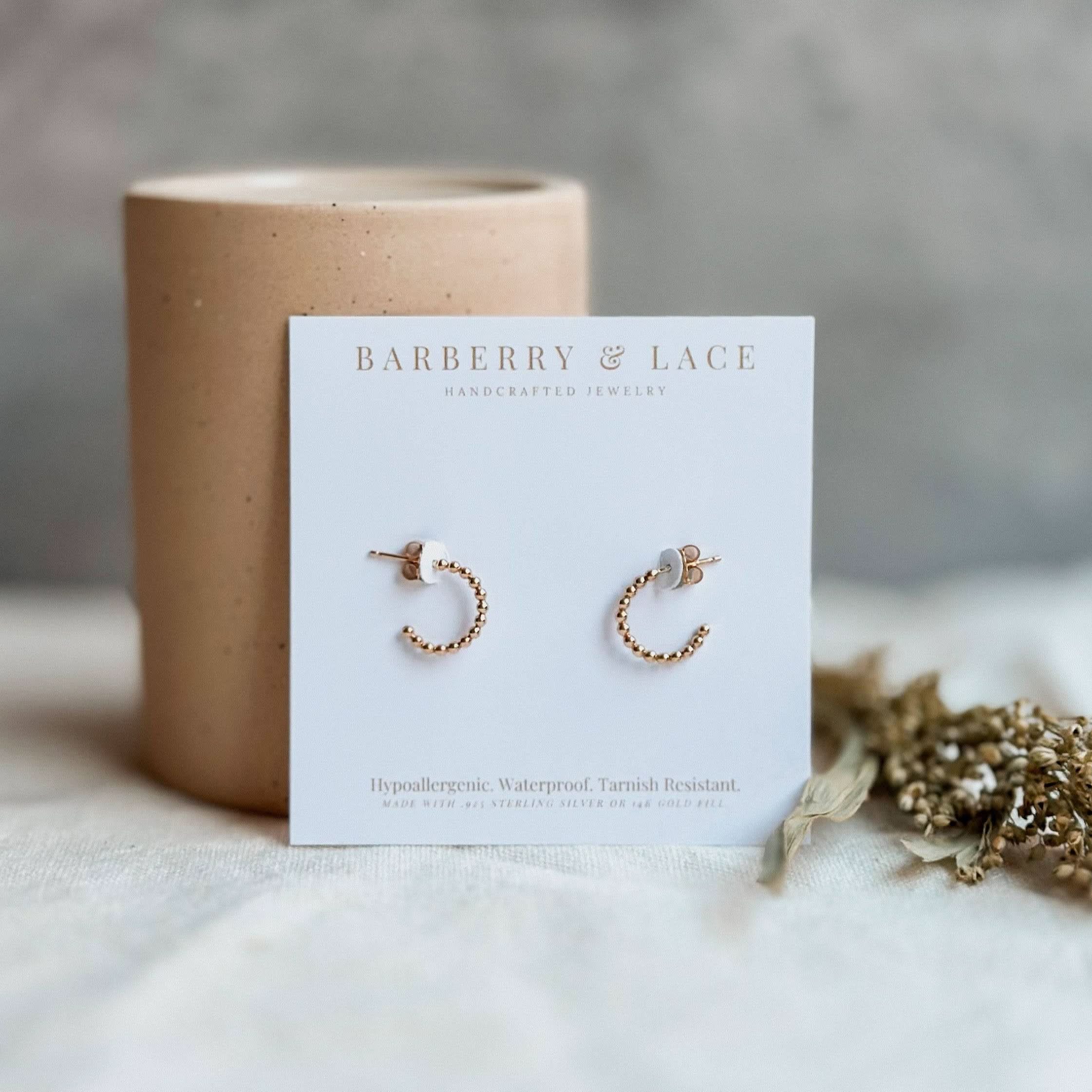 Beaded Huggie Hoop Earrings on branded Barberry & Lace card. Waterproof, tarnish-resistant jewelry in 14k gold fill or sterling silver.