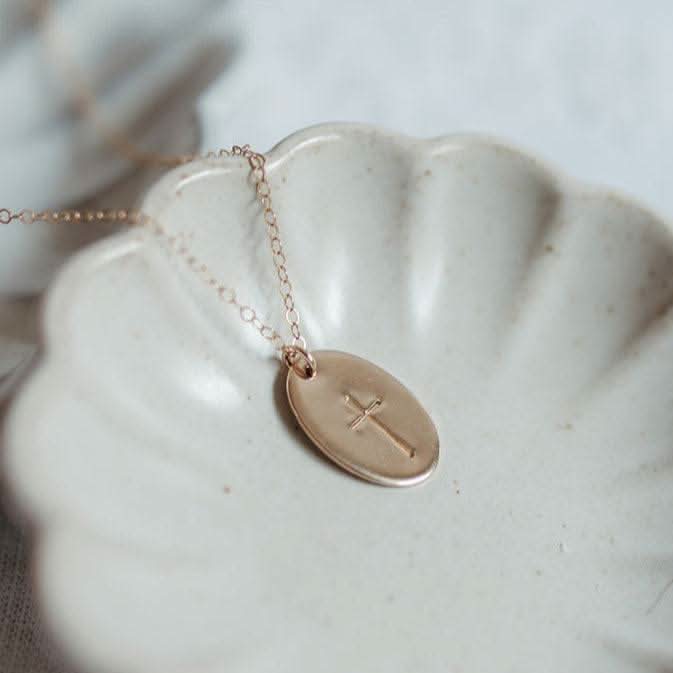 Hand Stamped Oval Cross Necklace| Barberry & Lace Jewelry