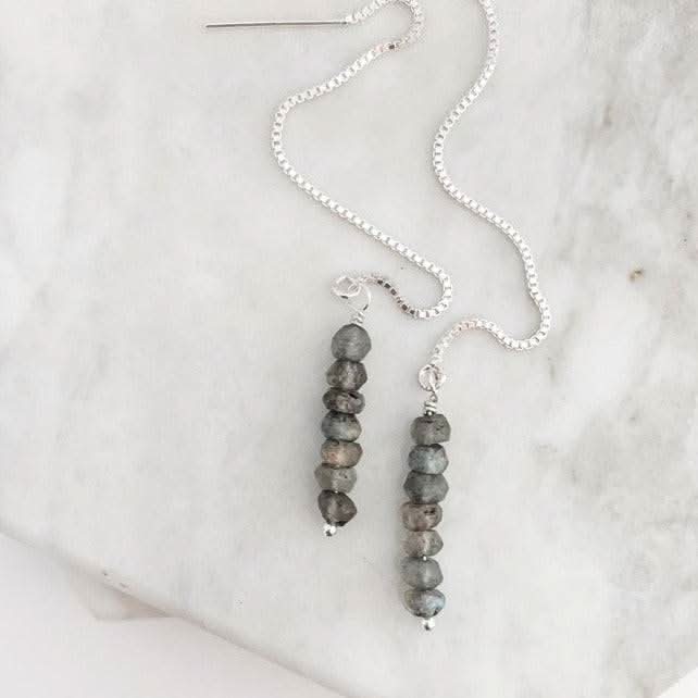 Labradorite threaded earrings in sterling silver with stacked gemstone beads, displayed on a marble surface. Elegant and hypoallergenic design.