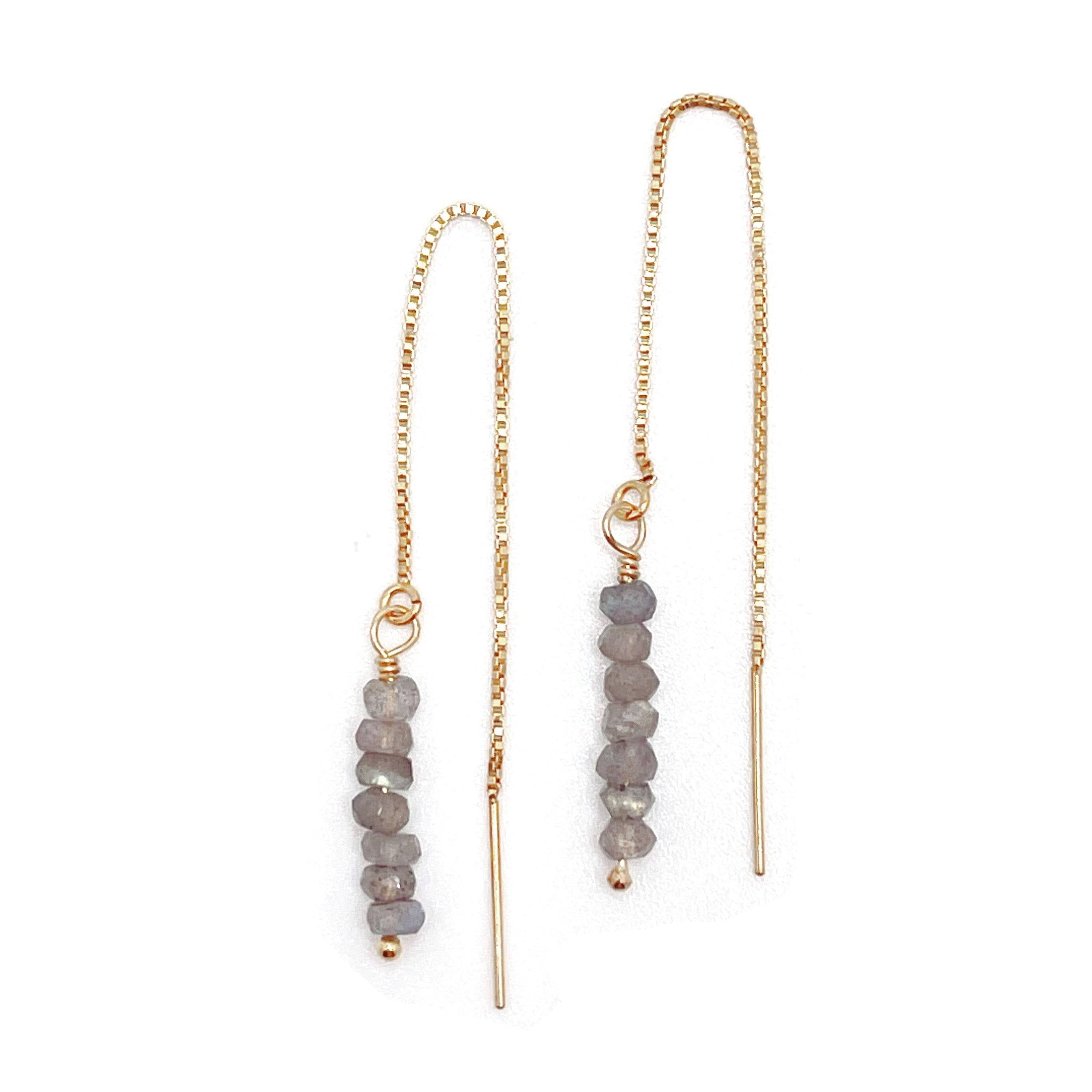 Pair of Labradorite threaded earrings in 14k gold fill with faceted gemstone beads and sleek chain design. Lightweight and hypoallergenic.