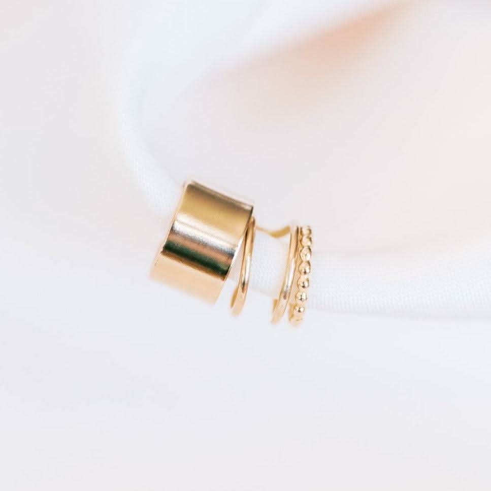 Set of no-pierce ear cuff earrings in 14k gold fill, featuring smooth, double band, and beaded textures from Barberry & Lace Jewelry.