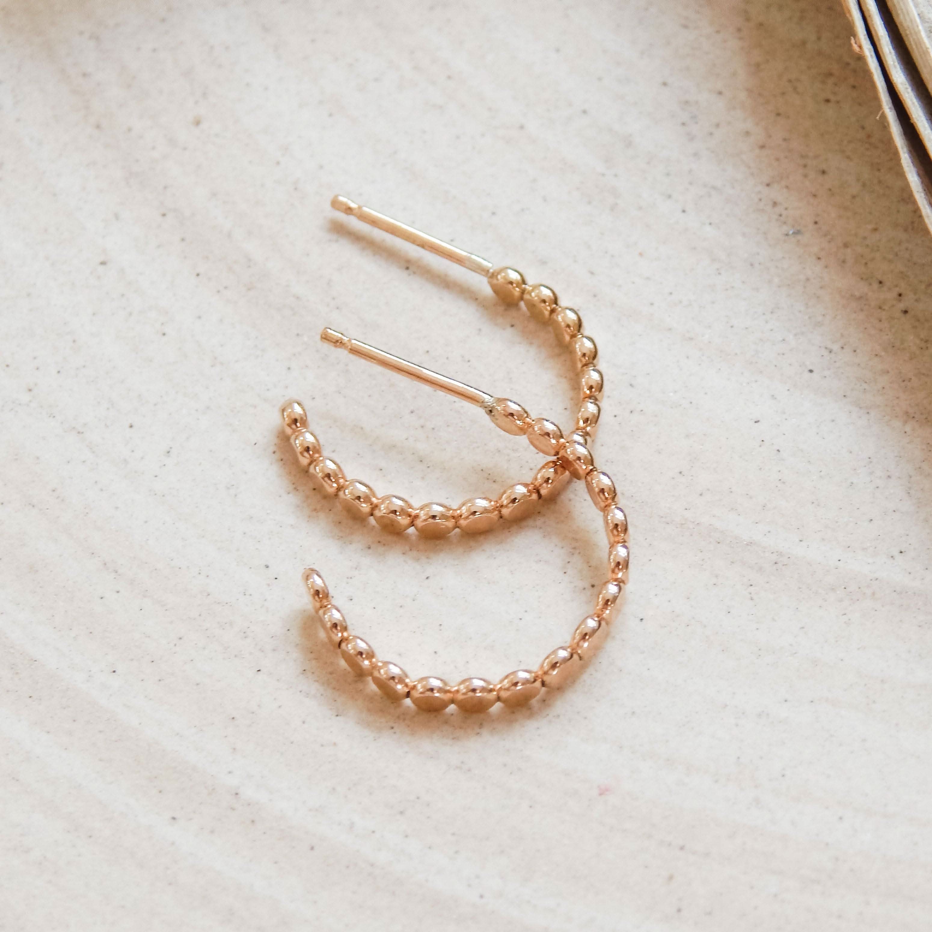 Pebble Hoop Stud Earrings by Barberry & Lace Jewelry featuring a beaded gold-tone hoop design, perfect for stylish everyday wear.