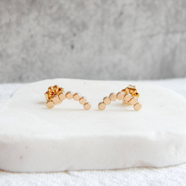 Dotted Arc Stud Earrings by Barberry & Lace Jewelry in 14k Gold Fill, featuring a minimalist arc design with polished circular studs. Ideal for daily wear.