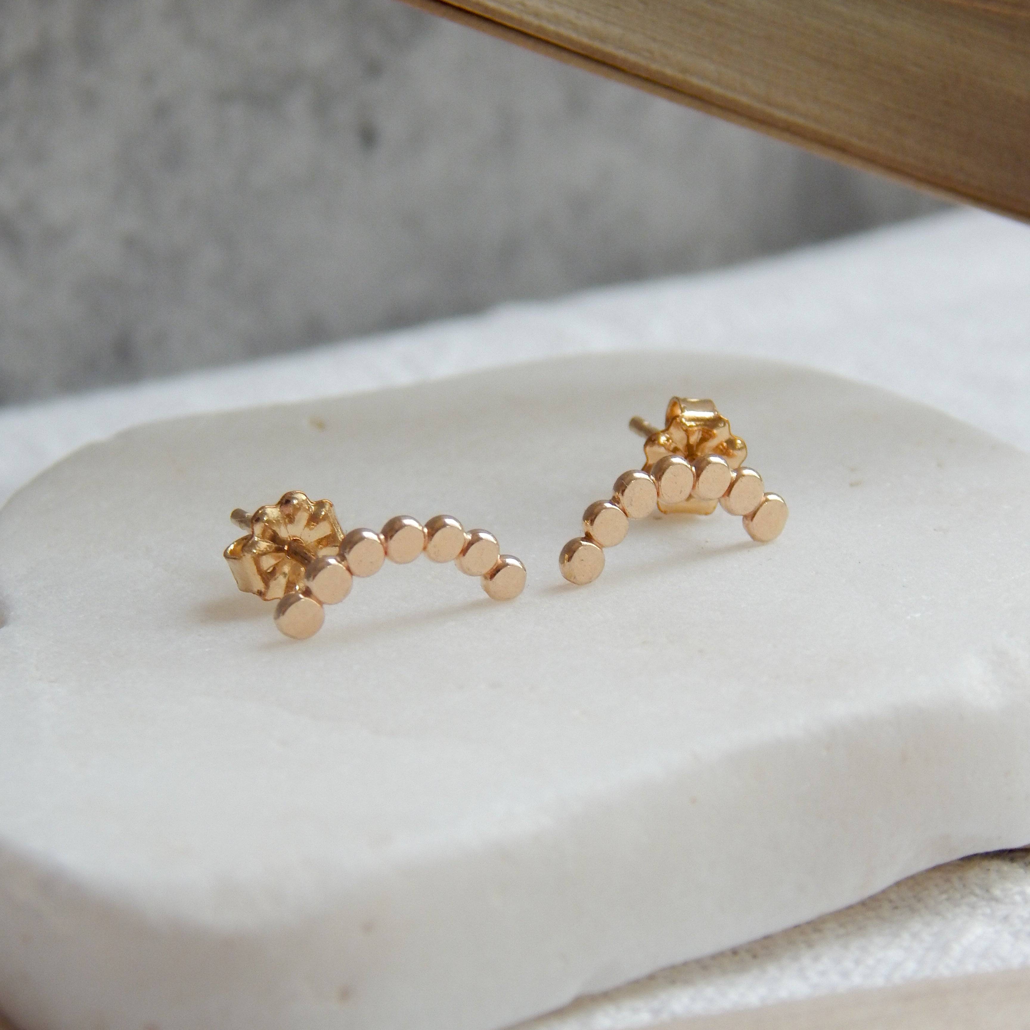 Dotted Arc Stud Earrings by Barberry & Lace Jewelry in 14k Gold Fill, featuring a minimalist arc design with polished round dots. Elegant and hypoallergenic.