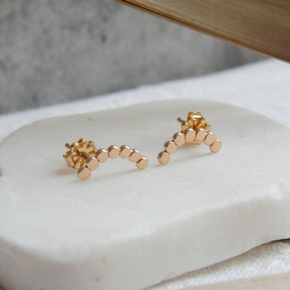 Dotted Arc Stud Earrings by Barberry & Lace Jewelry in 14k Gold Fill, featuring a minimalist arc design with polished round dots. Elegant and hypoallergenic.