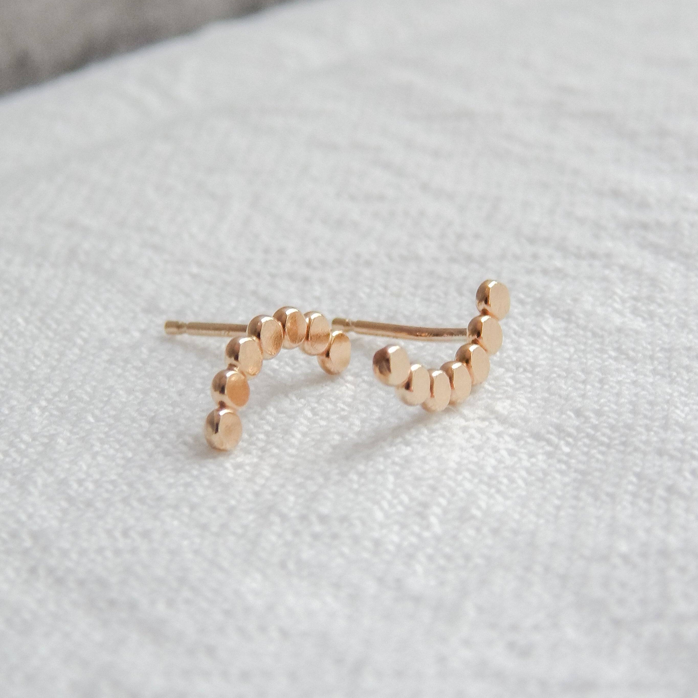 Dotted Arc Stud Earrings by Barberry & Lace Jewelry in 14k gold fill, featuring a curved design with polished bead detailing for everyday wear.