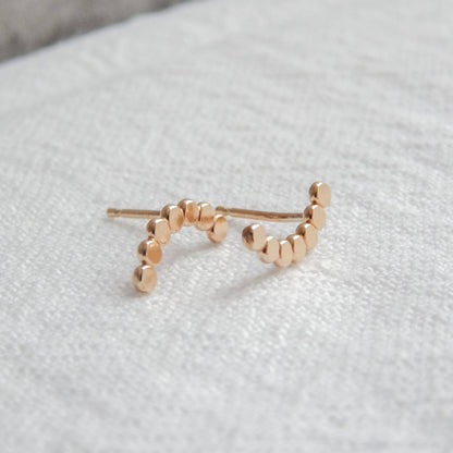 Dotted Arc Stud Earrings by Barberry & Lace Jewelry in 14k gold fill, featuring a curved design with polished bead detailing for everyday wear.