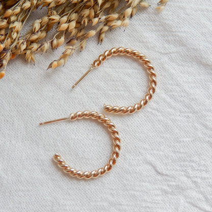 Twist Hoop Earrings by Barberry & Lace Jewelry in gold-tone finish, displayed on textured fabric with dried wheat accents. Hypoallergenic and waterproof.