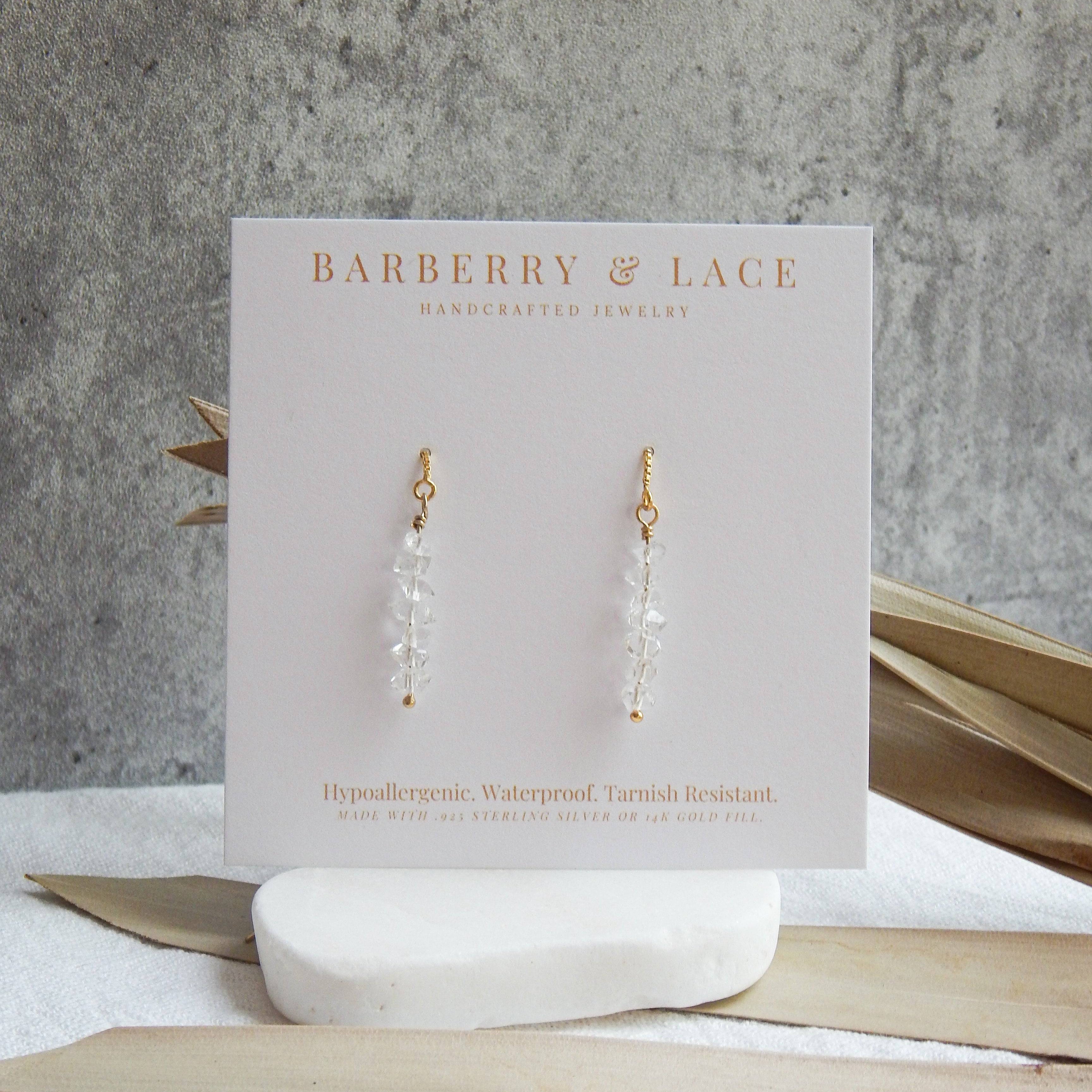 Barberry & Lace Herkimer Diamond Threaded Earrings on branded jewelry card. Hypoallergenic, waterproof, and tarnish-resistant design.
