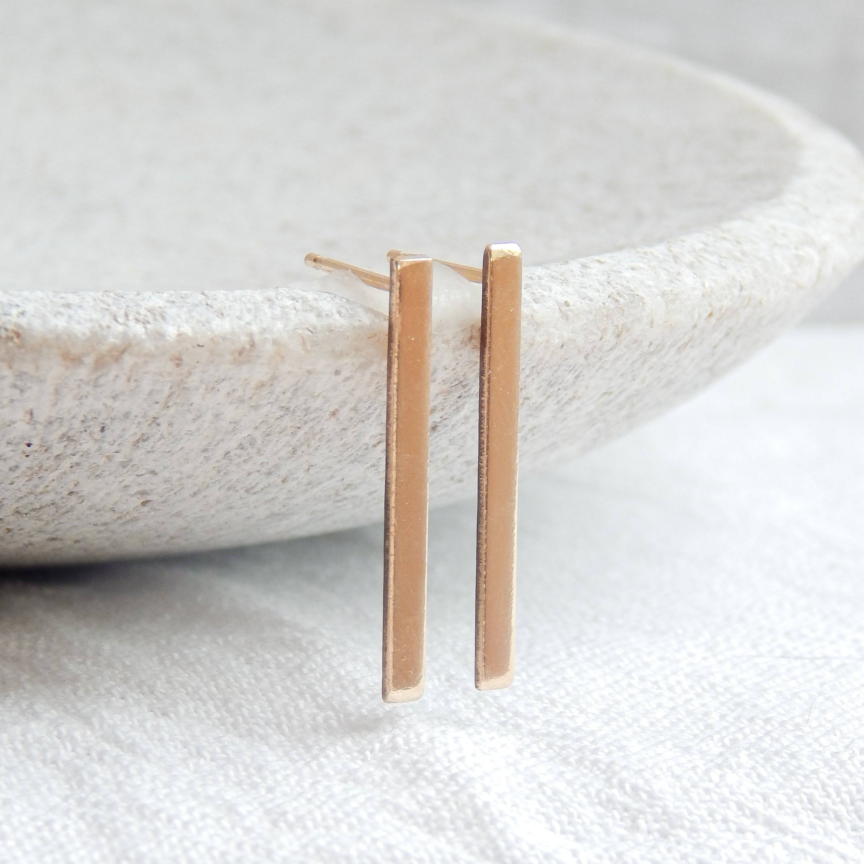 Stick Stud Earrings by Barberry & Lace Jewelry in 14k Gold Fill, featuring a sleek minimalist bar design for everyday elegance.