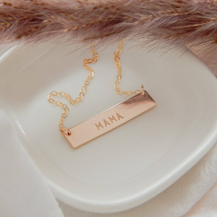 Hand Stamped MAMA Bar Necklace by Barberry & Lace Jewelry, 14k Gold Fill, hypoallergenic with 2-inch extender, ideal for Mother's Day gifts.