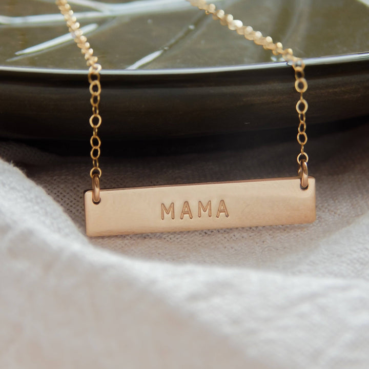 Hand Stamped MAMA Bar Necklace by Barberry & Lace Jewelry, 14k Gold Fill, hypoallergenic with 2-inch extender, perfect for Mother's Day gifts.