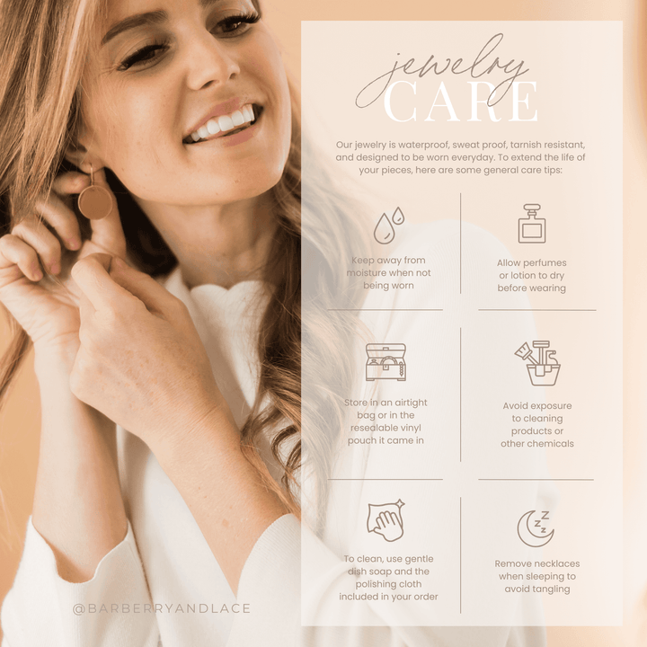 Jewelry care tips for Barberry & Lace waterproof and hypoallergenic earrings. Guide includes cleaning and storage advice.