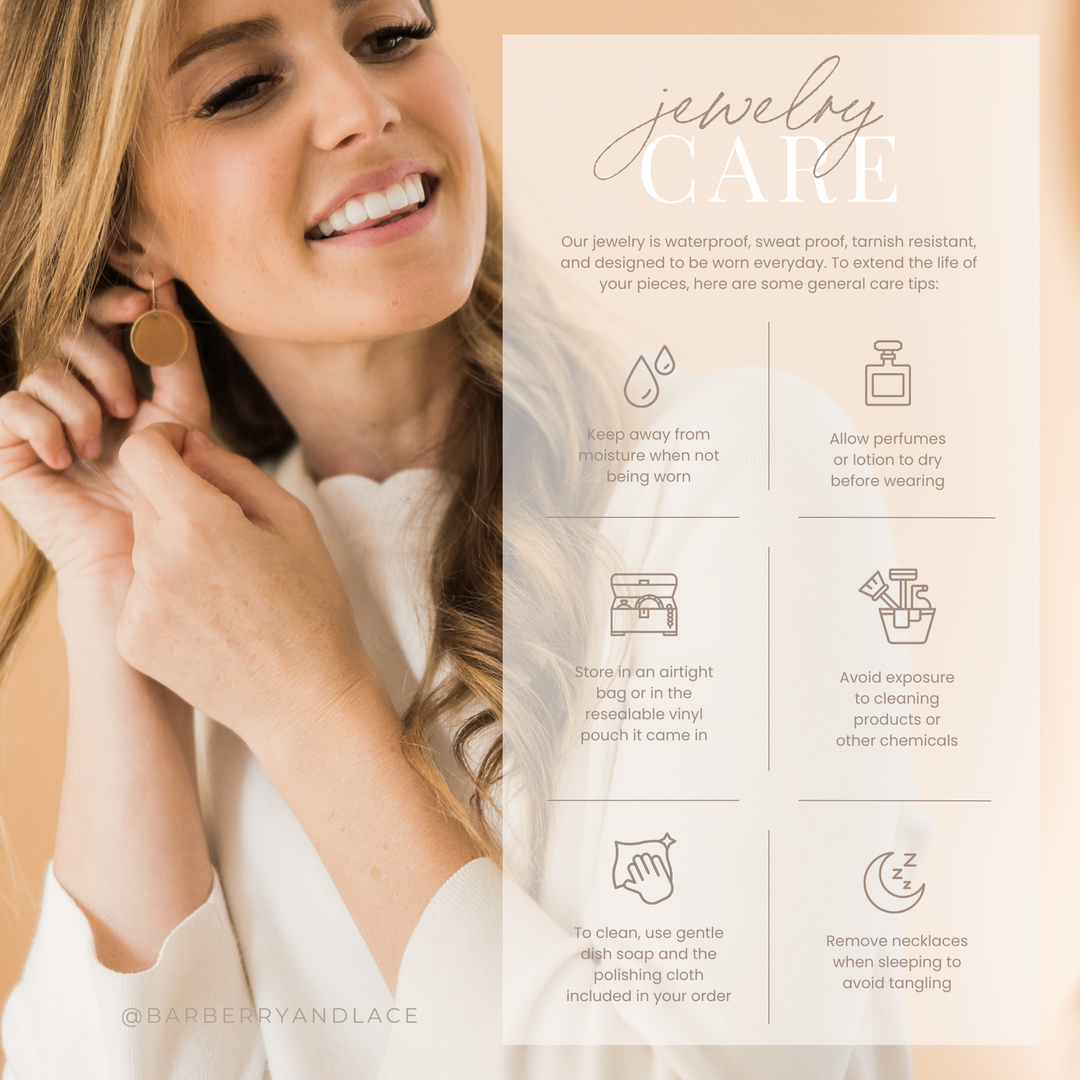 Jewelry care guide from Barberry & Lace featuring tips for maintaining Thick Huggie Hoop Stud Earrings and other waterproof, hypoallergenic pieces.
