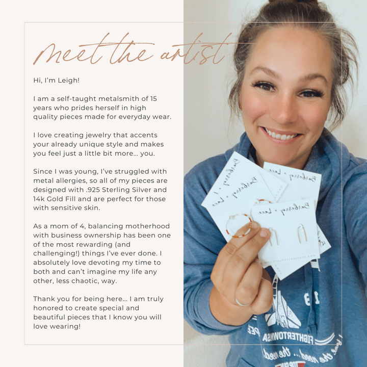 Meet the artist card introducing Leigh, the creator of Thick Huggie Hoop Stud Earrings, holding her handmade jewelry with a personal message.
