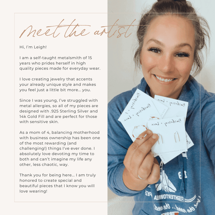 Meet the artist card from Barberry & Lace featuring the creator holding hypoallergenic bar stud earrings made for sensitive skin and daily wear.
