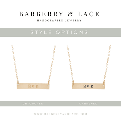 Personalized Bar Bracelet by Barberry & Lace Jewelry featuring two engraving styles, Untouched and Darkened, on a gold chain for custom jewelry gifts.