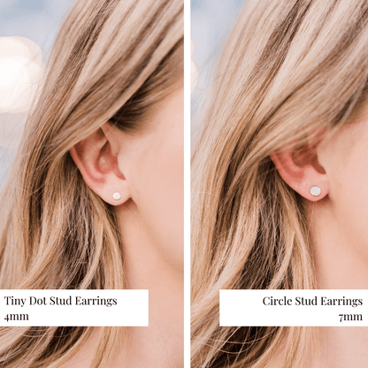 Side-by-side comparison of 4mm Tiny Dot Stud Earrings and 7mm Circle Stud Earrings worn on ears for size reference.