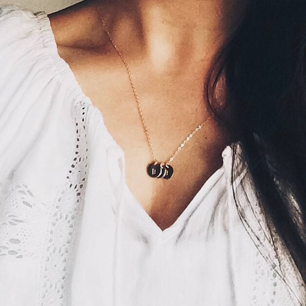 3/8" Personalized Disc Necklace by Barberry & Lace Jewelry featuring three gold discs with custom engraving, ideal for daily wear and gifting.