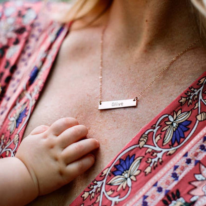 Personalized Bar Necklace by Barberry & Lace Jewelry featuring 'Olive' engraving, crafted in hypoallergenic 14k Gold Fill, ideal for sensitive skin.