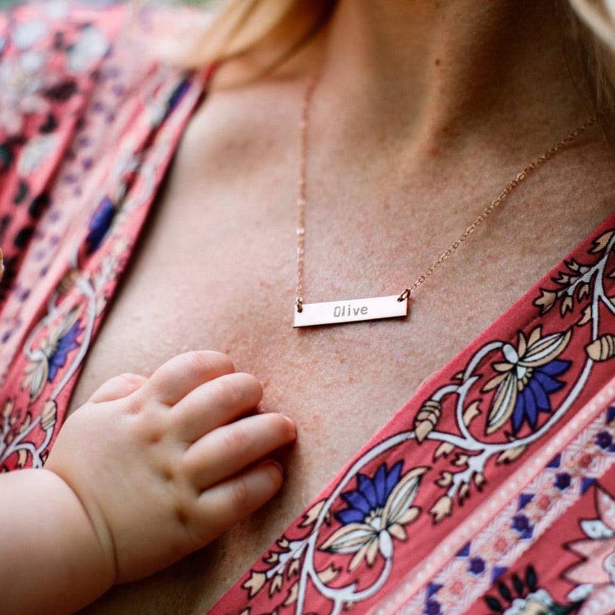 Personalized Bar Necklace by Barberry & Lace Jewelry featuring 'Olive' engraving, crafted in hypoallergenic 14k Gold Fill, ideal for sensitive skin.