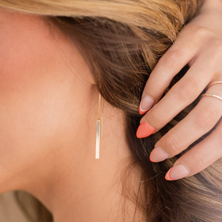 Bar Threaded Earrings by Barberry & Lace Jewelry in 14k Gold Fill, shown worn with minimalist design and sleek drop bar style.