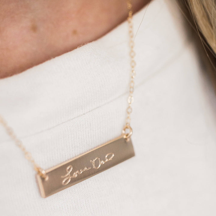 Personalized Handwritten Bar Necklace by Barberry & Lace Jewelry featuring custom engraving in 14k gold fill, perfect for gifts and daily wear.