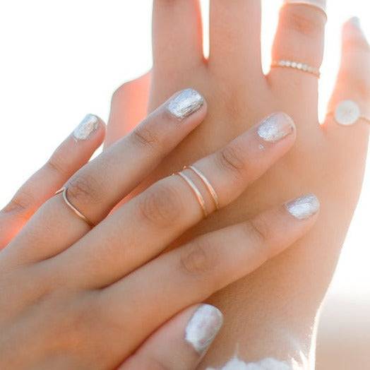 Classic Band Stacking Rings by Barberry & Lace Jewelry styled on fingers, showcasing minimalist gold bands for everyday wear.