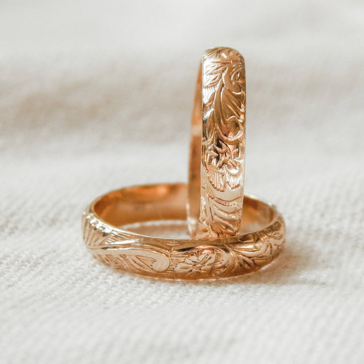 Floral Band Ring from Barberry & Lace Jewelry in 14k Gold Fill with intricate floral engraving, ideal for stacking or wearing solo.