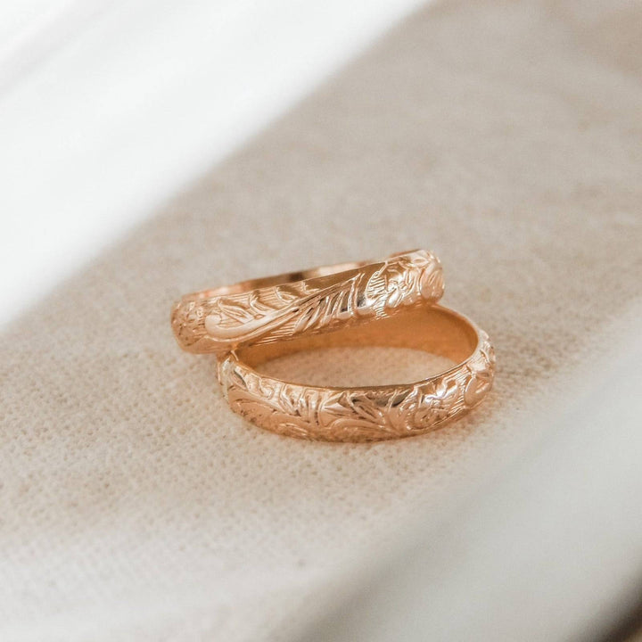 Romantic Floral Band Ring in gold with detailed floral patterns, perfect for feminine jewelry collections and everyday elegance.