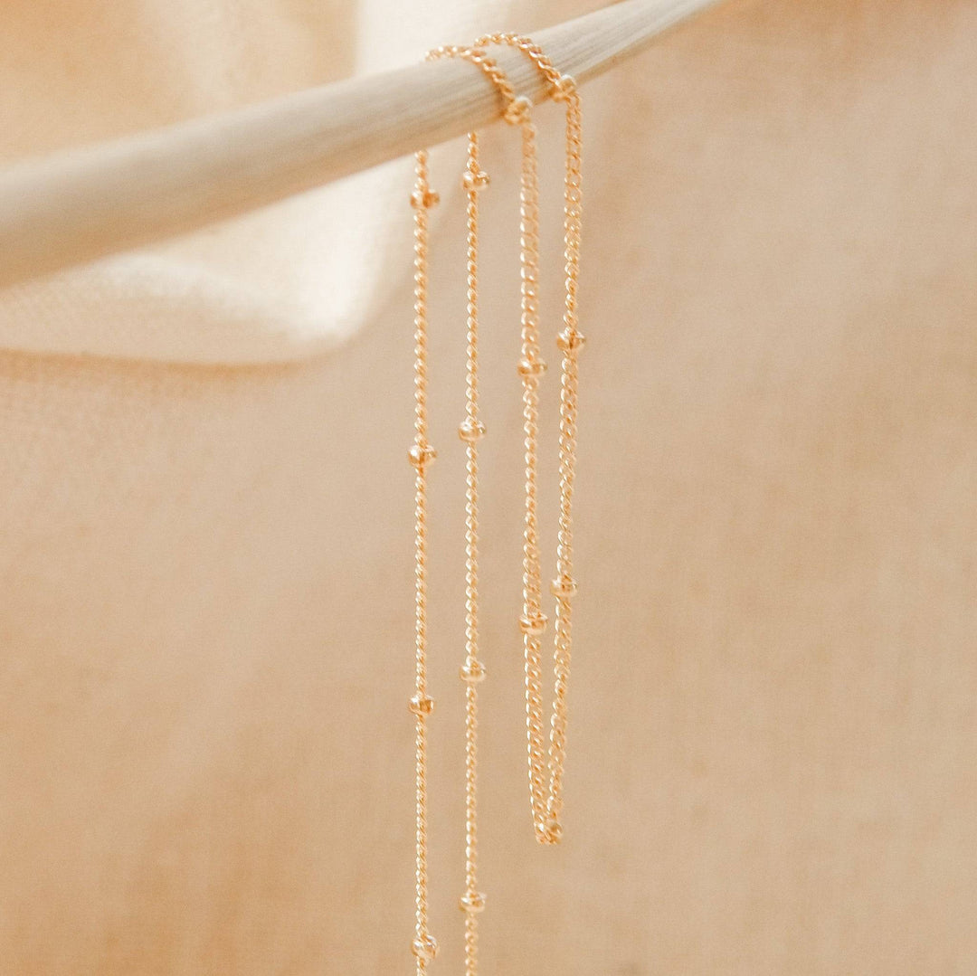 Layering Satellite Chain Necklace in 14k Gold Fill with delicate bead accents, ideal for minimalist jewelry styling by Barberry & Lace.