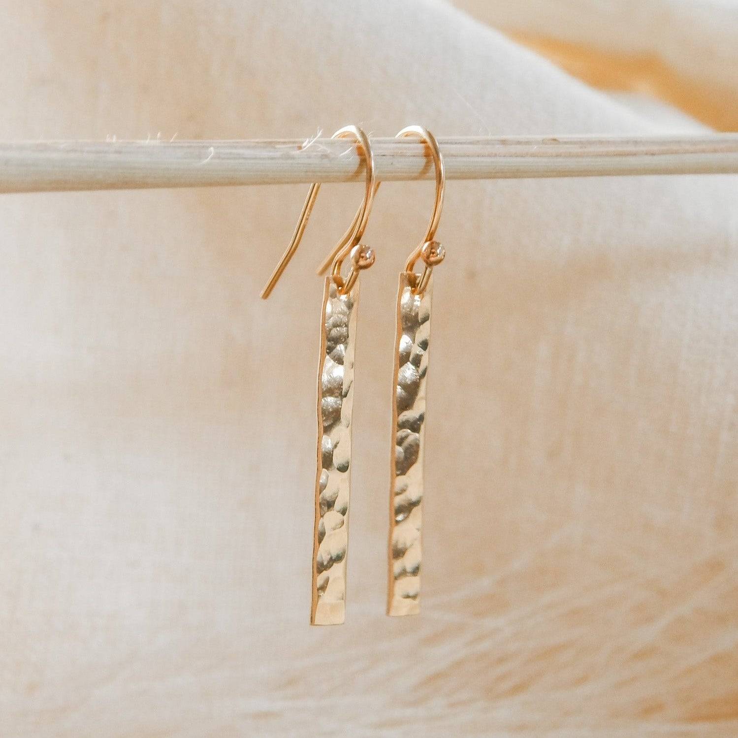 Hammered Bar Dangle Earrings in 14k Gold Fill by Barberry & Lace Jewelry, featuring a textured finish and minimalist design for everyday wear.
