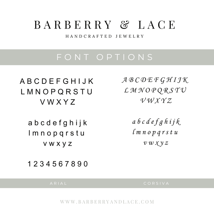 Font options for 3/8" Personalized Disc Necklace | Barberry & Lace Jewelry, showcasing Arial and Corsiva styles for custom engraving.