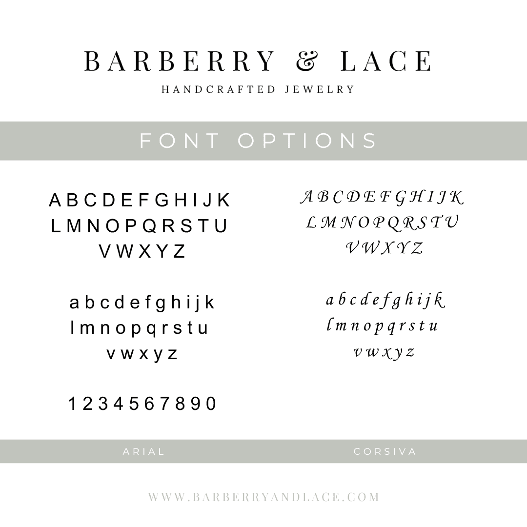 Font options for Add-On Stamped Disc Pendant by Barberry & Lace Jewelry featuring Arial and Corsiva styles for personalized jewelry engraving.