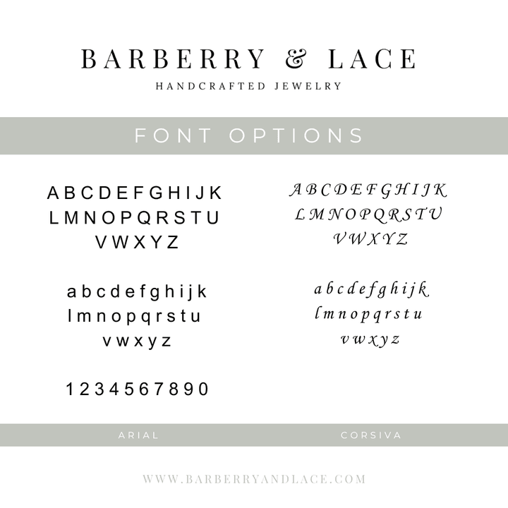 Font options for Add-On Stamped Disc Pendant by Barberry & Lace Jewelry featuring Arial and Corsiva styles for personalized jewelry engraving.