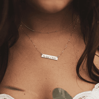 Personalized Handwritten Bar Necklace by Barberry & Lace Jewelry, featuring custom engraving on a delicate chain, ideal for gifts and daily wear.