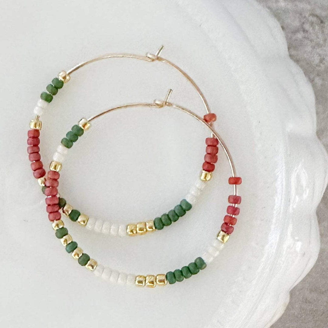 Holiday Edition - Beaded Hoop Earrings in Merry & Bright with red, green, white, and gold beads. Cheerful and colorful holiday jewelry.