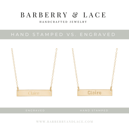 Personalized Bar Bracelet by Barberry & Lace Jewelry showing engraved and hand-stamped options, ideal for custom gifts and everyday wear.