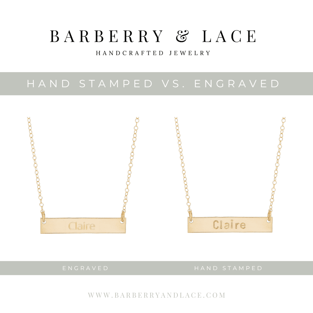 Personalized Bar Necklace by Barberry & Lace Jewelry showing engraved and hand-stamped options in 14k Gold Fill, ideal for sensitive skin.