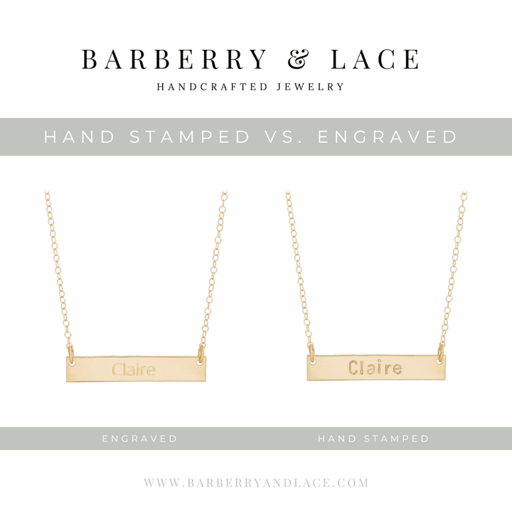 Personalized Bar Necklace by Barberry & Lace Jewelry showing engraved and hand-stamped options in 14k Gold Fill, ideal for sensitive skin.