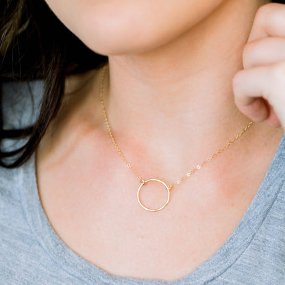Minimalist Dainty Open Ring Necklace by Barberry & Lace worn on the neck. Lightweight and hypoallergenic for modern everyday style.