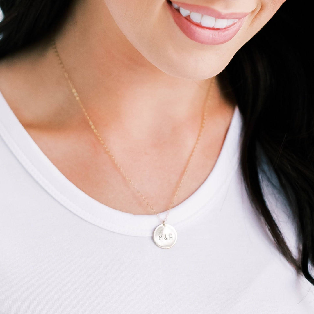 5/8" Personalized Disc Necklace by Barberry & Lace Jewelry featuring custom initials on a 14k gold filled chain, perfect for a timeless, hypoallergenic accessory.
