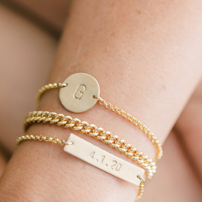 Personalized Disc Bracelet by Barberry & Lace Jewelry featuring a hand-stamped initial 'G' on a 14k gold fill chain, ideal for everyday wear.